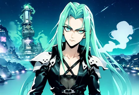 score_9, score_8_up, score_7_up, asymmetrical composition, vaporwave, Lofi, Sephiroth looking impassive, facing viewer, posing for a portrait in front of ShinRa tower, shinra_hq, shoulder armor, ShinRa headquarters, night, city, smoke, fog, smog, smoke stacks, holding very long katana, long billowing black leather overcoat, pitch black starry sky, solo, beautiful, androgynous, flat chest, leather straps, broad shouldered, high contrast, industrial cityscape background, Netflix, Studio Trigger, ff7, uneven eyes
