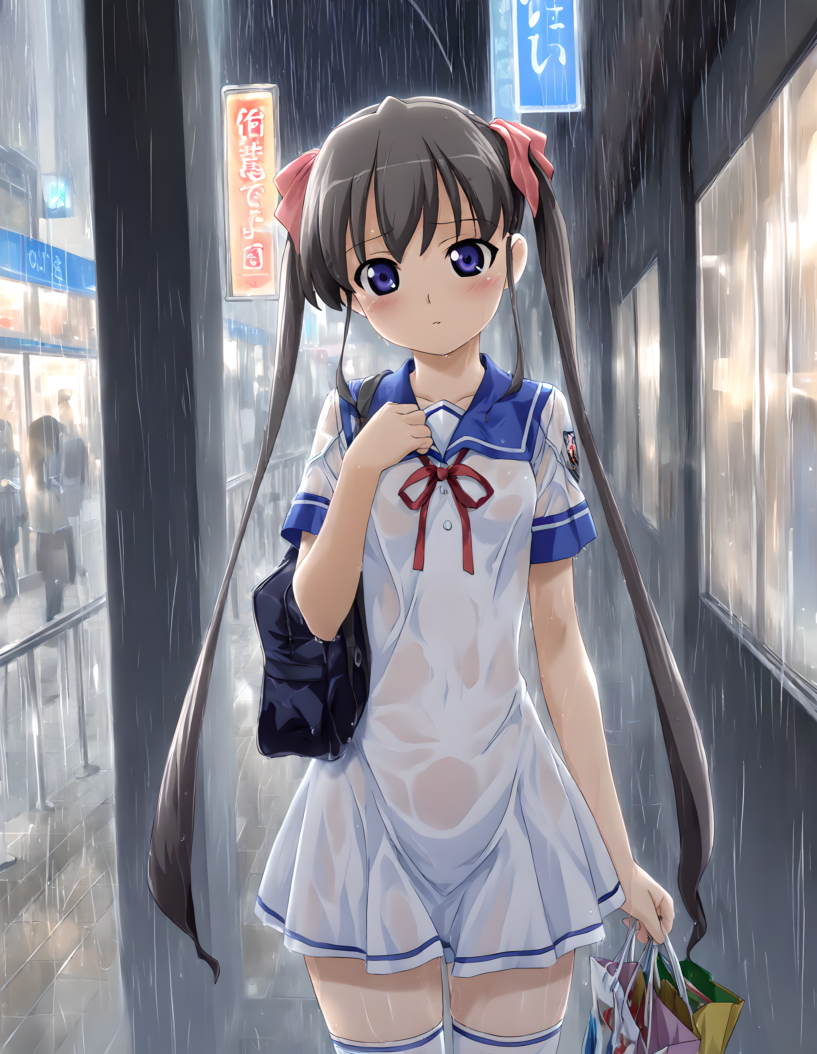 <lora:illustrious_XL_hikari_v2:0.8>,hikari,masterpiece,best quality,good quality,1girl,solo,school uniform,white dress,white thighhighs,a girl who gets soaked by sudden rain while shopping in the city,