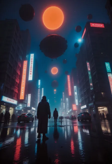 Floating Chaos, buildings, cars, people, nothing obeys gravity anymore. They hover, weightless, like forgotten memories. gantz-advancedsuit, osaka \(city\), doutonbori, midnight, neon sign, gantz advanced suit, orange sphere in background, highly detailed, high budget, cinemascope, moody, epic, gorgeous, film grain, grainy, Jagged rips in space-time, pulsating with the sickly glow of neon orange, electric blue, or radioactive green, synthetic mist, hiding secrets, silhouettes, and the occasional ghost of the old world.