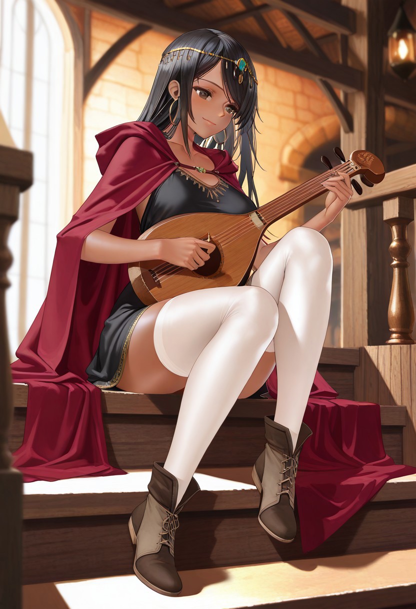 masterpiece, best quality, very aesthetic, absurdres, 
full body, 1girl, solo, bard, dark skin, dark-skinned female, brown eyes, black hair, swept bangs, sidelocks, long hair, lips, breasts, collarbone, bare arms, 
arabian clothes, head chain, hoop earrings, hooded cloak, hood down, red cloak, black dress, short dress, white thighhighs, zettai ryouiki, ankle boots, 
playing instrument, lute \(instrument\), 
sitting, knee up, light smile, sitting on stairs, 
indoors, stairs, banister, tavern, 
az-ys-il