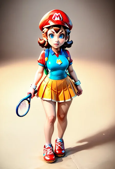 <lora:MtF_Genderswap:1>, genderswap \(mtf\), Mario, facing forward, mario hat, adult woman, extremely large nose, extremely bulbous nose, very wide face, circular head shape, wide chin, wide jawline, brown hair, lightly curly hair, shoulder length hairstyle, blue eyes, average bust, wide hips, super crown, tennis wear, tennis uniform, two-tone skirt, red and blue clothing, fully clothed, zPDXL, score_9, score_8_up, score_7_up, score_6_up, score_5_up, score_4_up,
full body render, full body, photorealistic image, realistic image, high quality, detailed face, realistic human proportions, detailed clothes,