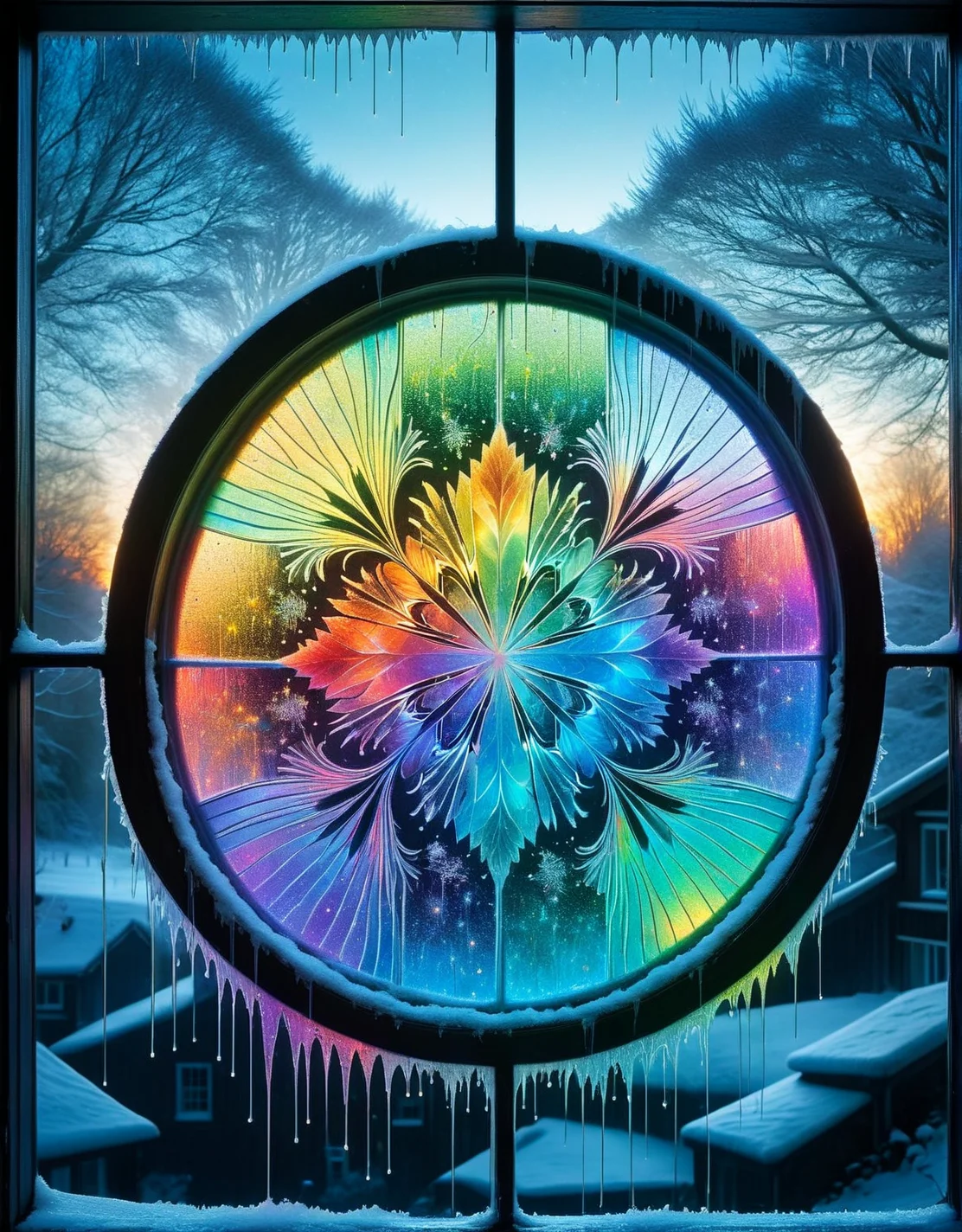 A frost-covered window pane, with delicate flecks of rainbow ais-nnsplsh creating a kaleidoscopic effect against the icy surface <lora:ais-nnsplsh-sdxl:1>