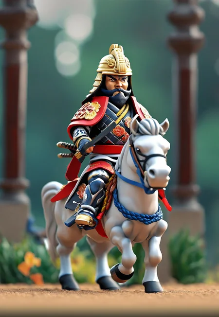 novuschroma53 style a handmade, cartoon, statue of a a samurai warrior on a horse, full body, isometric, top down, game asset, handmade, game icon, cartoon