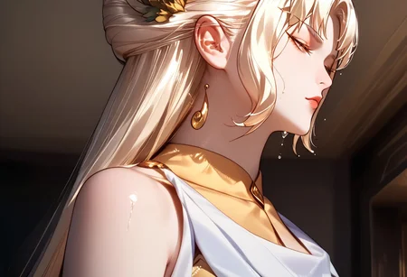 Jiang Luoshen, Luoshen dress, blonde hair, hair ornament, jewelry, wet skin, Expressiveh, perfecteyes, hyper detailed, hyper realistic, score_9, score_8_up, score_7_up, 8k, best quality, high quality, natural lighting, intricate, soft warm lighting, realistic, hyper realistic, Ultra HD quality ,
bedroom, standing, posing, from below, close-up,