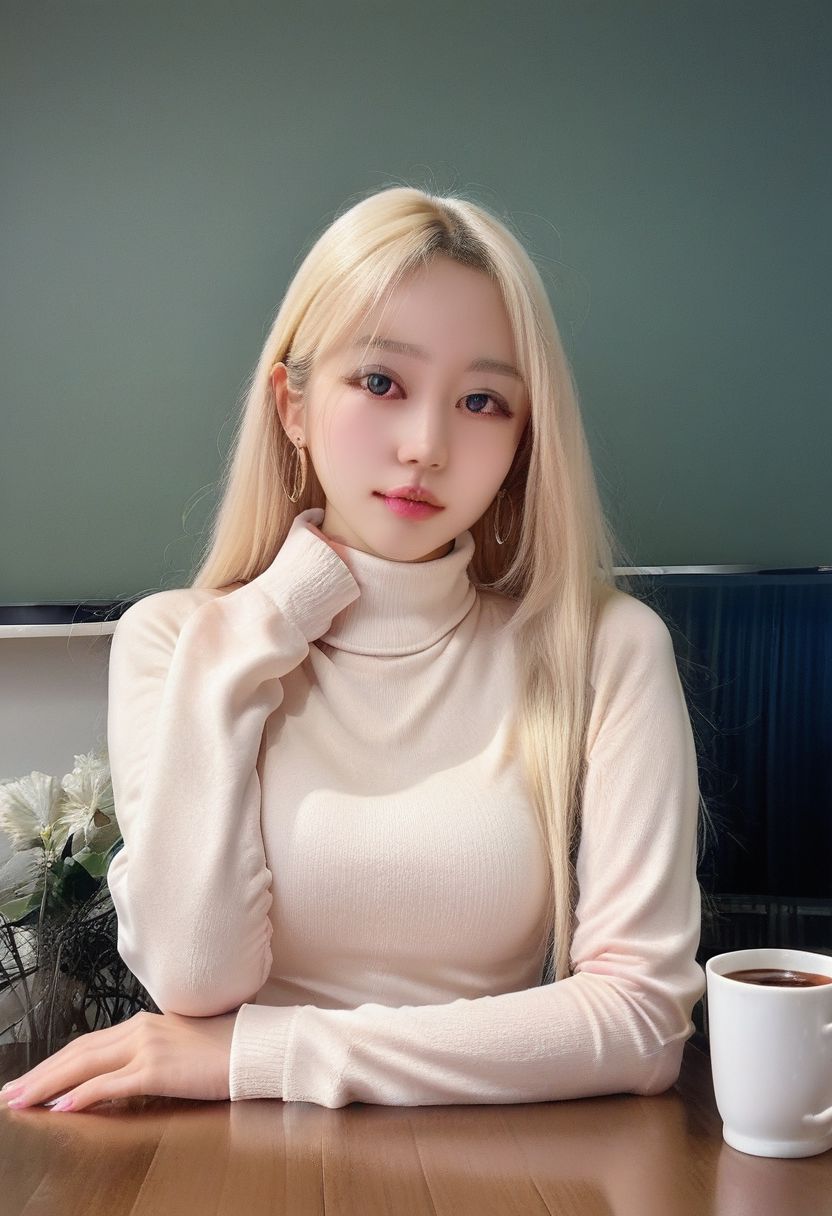 score_9, score_8_up, score_8, medium breasts, (curvy), realistic,   zzGirl, blonde hair, long hair, looking at viewer,    turtleneck sweater, earrings, library, cup of coffee, sitting at table, 
SkinHairDetail, EyeDetail