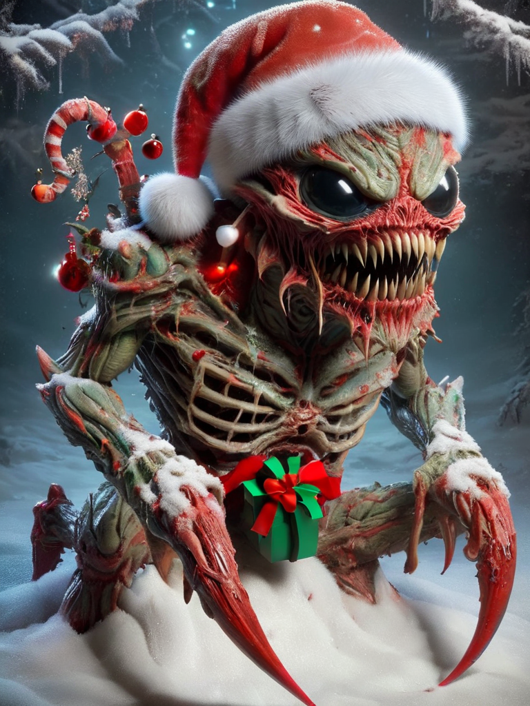 ral-chrcrts, a creepy looking creature with a santa hat on <lora:ral-chrcrts-sdxl:1>
