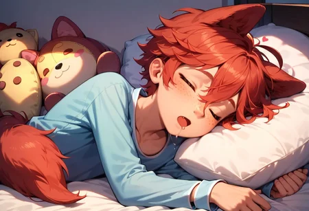 score_9,score_8_up,score_7_up, (1boy, anthro canine humanoid hybrid with red fur, freckles, petite, twink, dog ears, red tail, red hair, fluffy, cute, adorable, petite, stuffed animal, solo, pajamas, fully clothed, asleep, messy sleeper, drool on face, detailed face, on bed, in bedroom, anatomically correct, masterpiece, negative_hand, Expressiveh, source_anthro, rating_safe
