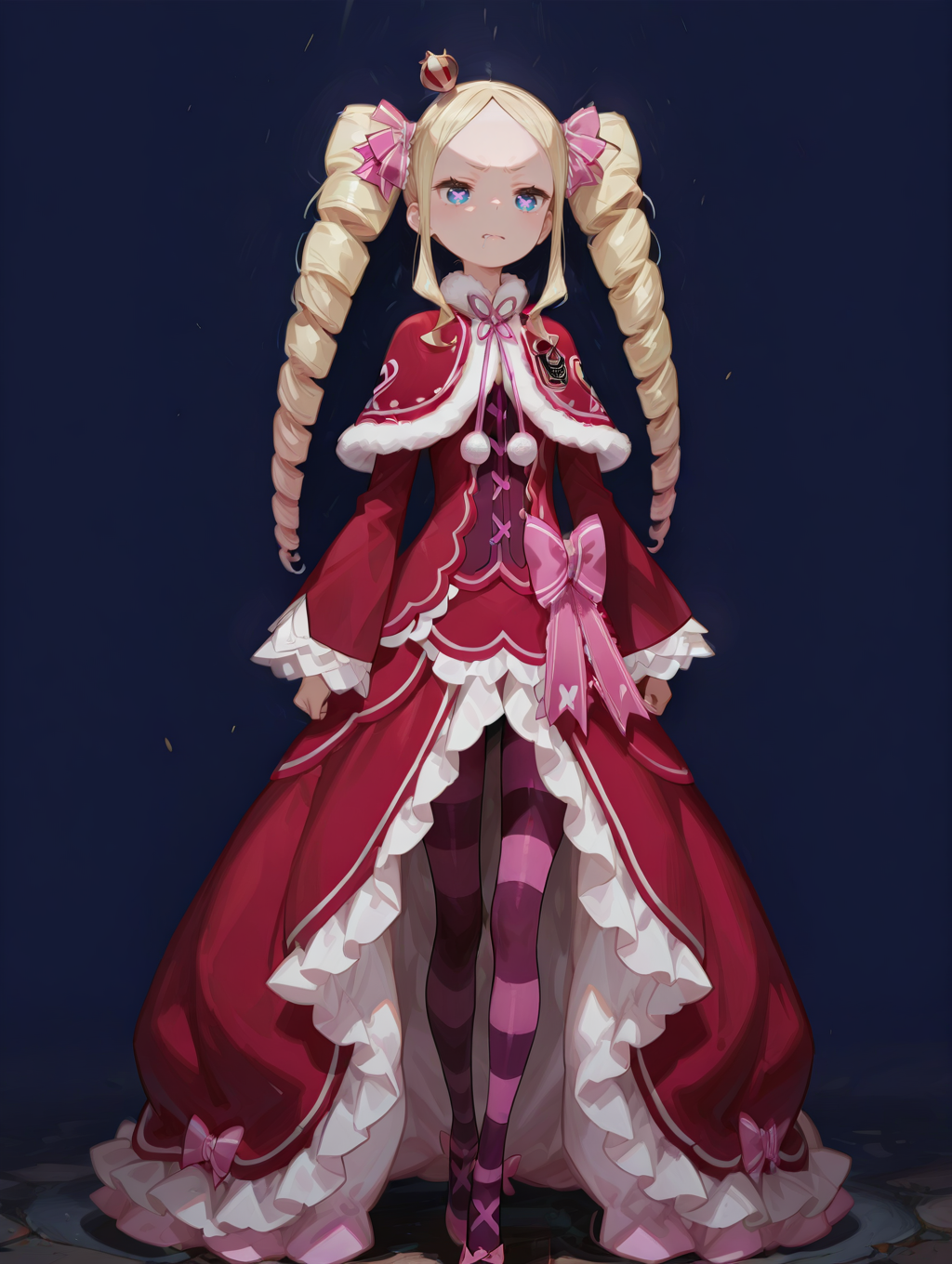 perfect quality,high quality,masterpiece,best quality,amazing quality,very aesthetic,absurdres,Cinematic Lighting,newest,Tactical use of shadow,
front view,full_shot,Sneer,
BeatriceCYQL,1girl,solo,blonde hair,drill hair,long hair,twintails,twin drills,sidelocks,ribbon,hair ribbon,blue eyes,symbol-shaped pupils,crown,mini crown,dress,capelet,red capelet,fur-trimmed capelet,fur trim,pantyhose,striped pantyhose,striped,long sleeves,frills,frilled sleeves,red dress,frilled dress,shoes,pink footwear,bow,wide sleeves,
full body,standing,hand_to_mouth,,
darkblue  background,simple background,
usnr,748cmstyle,<lora:USNR STYLE_XL_loha:0.45>,<lora:DarkerThanBlackIllustrious:0.5>,<lora:spo_sdxl_10ep_4k-data_lora_webui:0.6>,<lora:illustrious_all_rated_v1:0.7>,<lora:748cmSDXL:0.8>,<lora:illustrious_quality_modifiers_masterpieces_v1:0.9>,,<lora:BeatriceCYQL:1>,