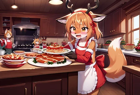 score_9, score_8_up, score_7_up, high res, best quality, 
fox, female, fluffy_new_year, merry_furistmas, 
standing by a dinner table, wearing fake deer antlers hairband and an apron
indoors, kitchen, whimsical, christmas decorations, 
dinner table with trussed pork roast, 
several drooling fox babies seated by the table, wearing ugly christmas sweaters, looking at the food on the table