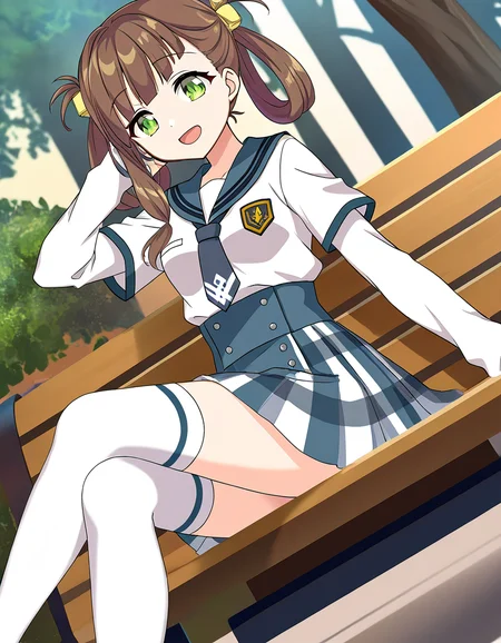 masterpiece, best quality, newest, absurdres, highres, safe, 1girl, awane kokoro \(school uniform\), magia record: mahou shoujo madoka magica gaiden, white sleeves, thighhighs, solo, sitting, open mouth, outdoors, dutch angle, <lora:awane_kokoro_noobaiXLNAIXL_vPred10Version:0.7>