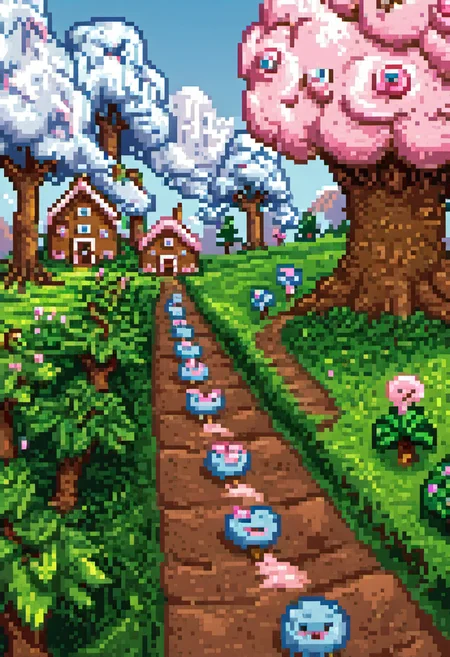 pixel art, digital art, A whimsical rural landscape overtaken by a massive tornado made of pink and blue cotton candy, uprooting fields of jellybean crops and marshmallow trees. Farmers made of gingerbread run for cover, their icing faces frozen in shock. Rendered in a hyperrealistic yet fantastical style, the composition blends humor with a critique of natureâs unpredictability and humanityâs sugary footprint on the environment.