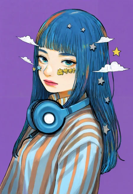 star \(symbol\), 1girl, lipstick, solo, purple background, long hair, bangs, headphones, shirt, striped, striped shirt, star, (symbol), upper body, blunt bangs, simple background, blue hair, looking at viewer, headphones around neck, cloud, vertical stripes, blue eyes,
masterpiece, best quality, amazing quality, absurdres, newest, colored pencil \(medium\),
<lora:warashiz:1>,
<lora:lora:0.5>