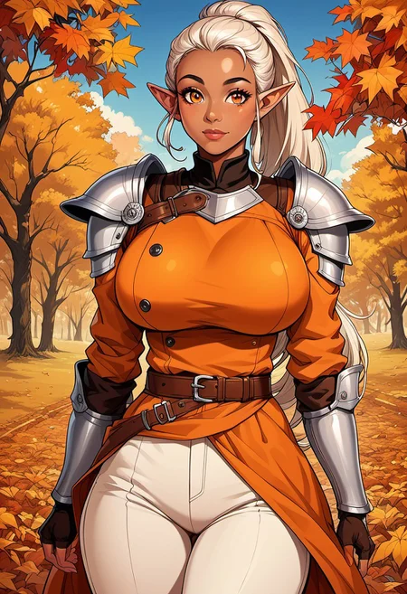 score_9, score_8_up, score_7_up, score_6_up, score_5_up, score_4_up, ANIMEShader, beautiful elven woman, (dark skin:1.3), long white hair in a ponytail, small cute button nose, soft round chin, detailed orange eyes, bright orange eyes, high definition eyes, detailed eyes, elf ears, huge breasts, orange dress, long sleeves, armor, shoulder pads, breastplate, belt, fingerless gloves, white pants, brown boots, autumn, blue sky,