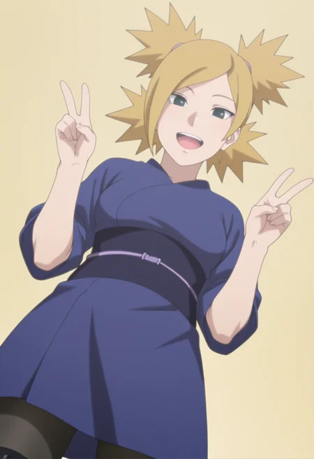 anime screencap, anime coloring,   <lora:DX888Temari:1> nara temari, green eyes, blonde hair, quad tails, parted bangs,,  BREAK  short kimono, obi, pantyhose, open-toe boots, BREAK simple background, yellow background, BREAK 1girl, cowboy shot, double v, hands up, happy, looking at viewer,  open mouth, solo, teeth, upper teeth only, v,  upper body, from from below, dutch angle,