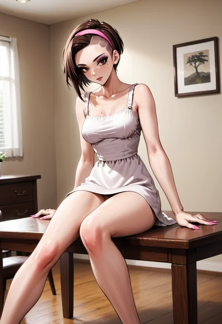 1girl, solo, slender  body, attractive figure ,  breasts, mole on body , brown eyes , brown  undercut hair with hairband, , nail polish, pink nails, long fingernails  ,eyeshadow , doyagao, sitting, knees together feet apart , on table, dining room, sundress    , aged up