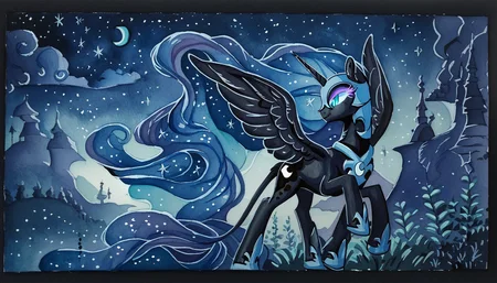 score_9, score_8_up, score_7_up, score_6_up, score_5_up, score_4_up, rating_safe, nightmare moon, princess luna, pony, solo, ambiguous gender, g4, glowing eyes, night, scenery, nightmare luna, leonine tail, watercolor painting, traditional art, detailed, beautiful, <lora:MLP_Watercolor_Painting_v1-000006:1>