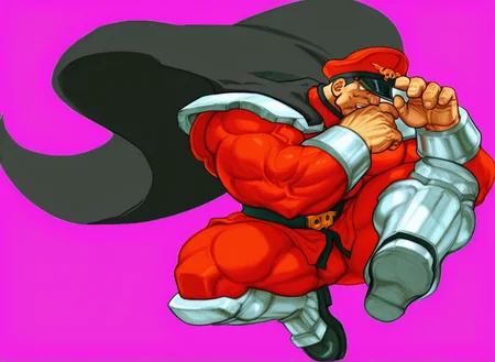 Street Fighter, color correction, lighting, high quality, high definition, male focus, muscular, military, full body, muscular male, (M.Bison:1.1), <lora:M_Bison_Street_Fighter:1>, M Bison, hat, muscle pectorals, large pectorals, big biceps, <lora:AKinuNishimura_Style:1>, NishimuraXL, white background,