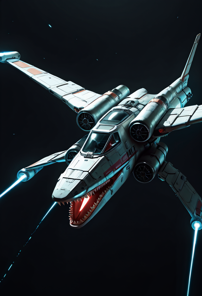 masterpiece, best quality, no humans,   ,<lora:SharkXShip_IXL:1.0>,  zzSharkXShip, drifting in the quiet expanse of space, with a backdrop of countless stars. The shipâs sharp shark fin is silhouetted against a distant, dying star, casting an eerie glow on the sleek hull. The ship's teeth are visible, adding an intimidating detail as it hovers, almost like a predator waiting for the perfect moment to strike. The shipâs energy glows softly, leaving a faint trail of light as it silently glides through the cold, infinite darkness.