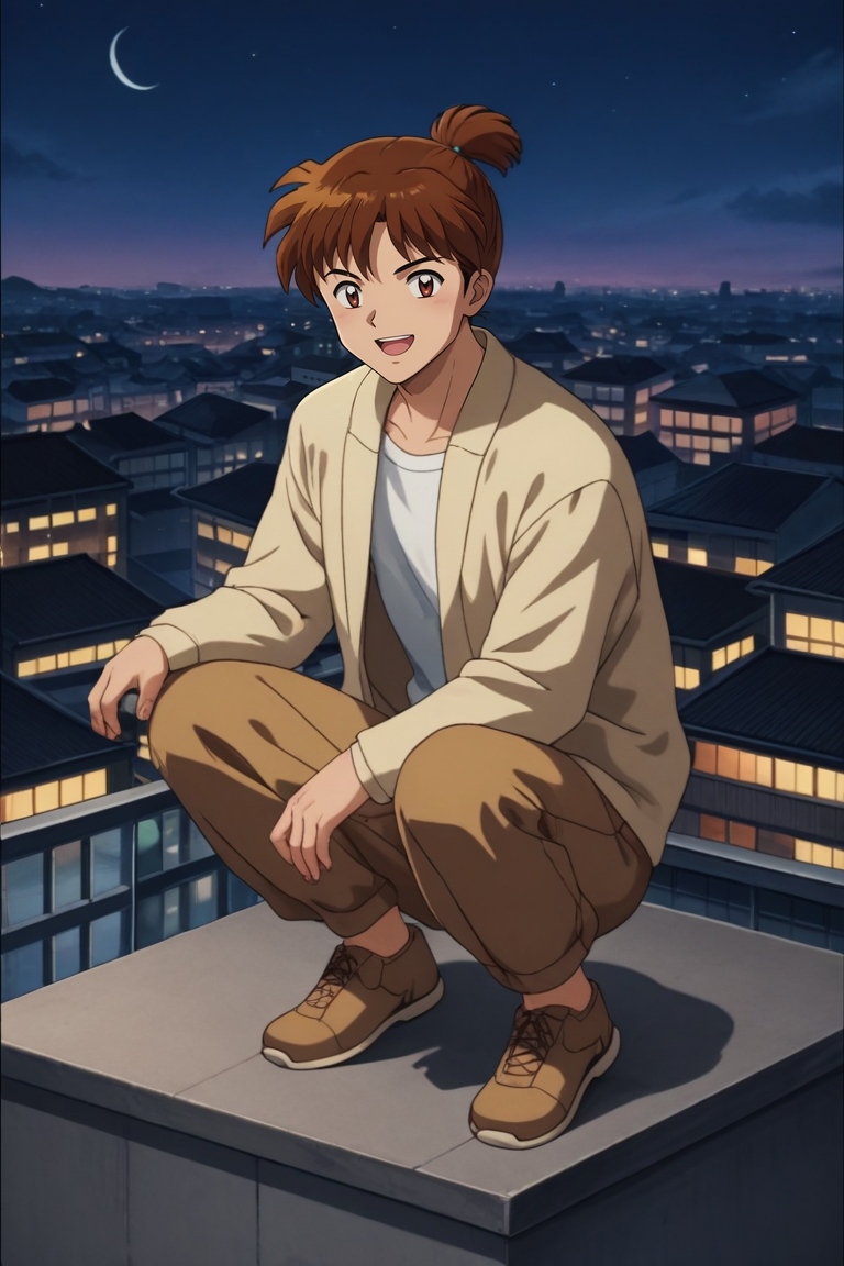 score_9, score_8_up, score_7_up, source_anime, rating_safe, , looking at viewer, depth of field, 1boy, male focus, peach eyes, auburn hair, dreadlocks,, solo, full body, rooftop, tokyo \(city\), building, skyscraper, night, crescent moon, (pose), laughing, <lora:inuyasha_style_pony:1.06>, inuyasha_style, , <lora:sdxl_lightning_8step_lora:1>