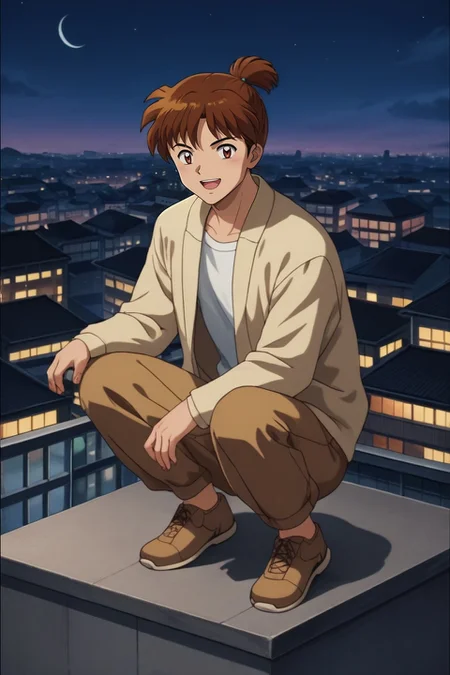 score_9, score_8_up, score_7_up, source_anime, rating_safe, , looking at viewer, depth of field, 1boy, male focus, peach eyes, auburn hair, dreadlocks,, solo, full body, rooftop, tokyo \(city\), building, skyscraper, night, crescent moon, (pose), laughing, <lora:inuyasha_style_pony:1.06>, inuyasha_style, , <lora:sdxl_lightning_8step_lora:1>