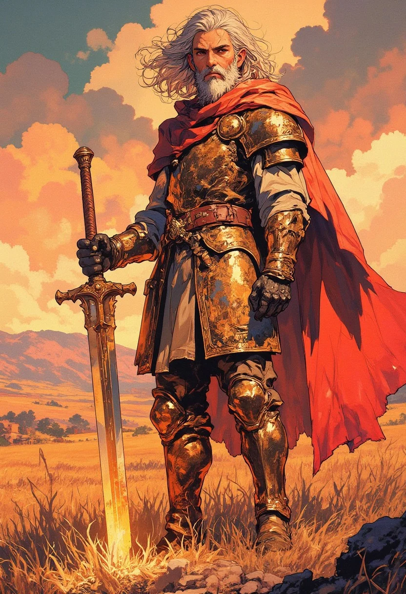 An epic fantasy warrior with gray hair and beard, clad in detailed golden armor. He has a bright red cloak fluttering in the wind and a powerful sword that emits a warm glow. The scene is set against a sunset sky, the field is covered with golden dry grasses surrounding the hero. Dramatic lighting with contrast between deep shadows and golden lighting