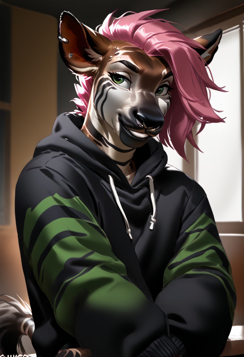 score_9, score_8_up, score_7_up, (by zummeng:1.5), (by jailbird:1.5), (by kittydee:1.5), masterpiece, best quality, (solo),  
(Furry Art : Anthro: okapi:1.5), 1girl, expressive eyes, feminine eyes, perfect face, feminine face, (neon pink hair with black highlights:1.5), (asymmetrical hair:1.5), feminine body, medium breasts, ossicone horns, multicolored fur, brown fur, white face fur, white fur on limbs, black horizontal strips on libs, (punk clothing:1.5), (green eyes),