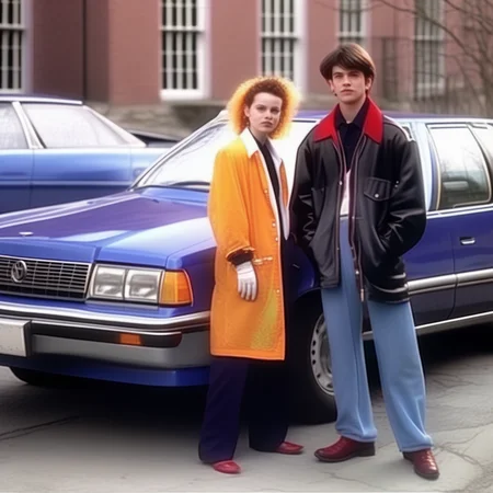 quicktake, two people standing next to a car in early 1990s clothing