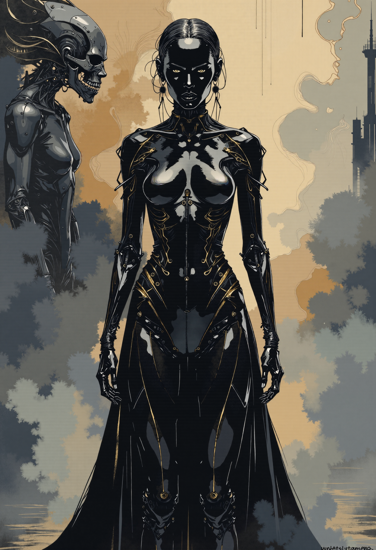 Ethereal Gothic Elegance, Ghost in the shell, in a world where technology meets dystopia, a black female android form stands motionless as an evidence to innovation, blending strength and elegance in a cyberpunk realm. The head slightly raised, emphasizing the calm and relaxed posture, enveloped in the midst of a monocromatic misty void.
full-length body shot, long shot, realistic feminine, golden details, carbon fibre, matte darkcoal, dark and cool tones, Octane rendering, raytracing, lumen, high-contrast effects, highly detailed.