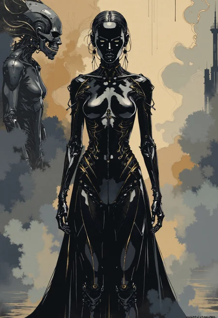 Ethereal Gothic Elegance, Ghost in the shell, in a world where technology meets dystopia, a black female android form stands motionless as an evidence to innovation, blending strength and elegance in a cyberpunk realm. The head slightly raised, emphasizing the calm and relaxed posture, enveloped in the midst of a monocromatic misty void.
full-length body shot, long shot, realistic feminine, golden details, carbon fibre, matte darkcoal, dark and cool tones, Octane rendering, raytracing, lumen, high-contrast effects, highly detailed.