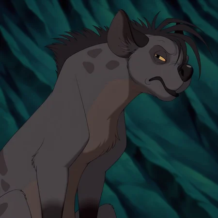 8k, uncensored, masterpiece, best quality, highly detailed, realistic, 1girl, solo, ShenziTLK, furry, feral, hyena, black hair, short hair, back mane, dark-grey inner ear fluff, yellow sclera, black eyes, black nose, dark-grey body, dark-grey fur, dark-brown body, dark-brown fur, two tone body, two tone fur, dark-grey spots, short tail, black tail, (closed mouth), frown, tired, (looking at viewer, africa, side view, detailed background, upper body, narrowed eyes, low-angle view, sitting, cliff edge, green cave, dark, dutch angle, (dark-grey mouth, dark-grey face), close-up