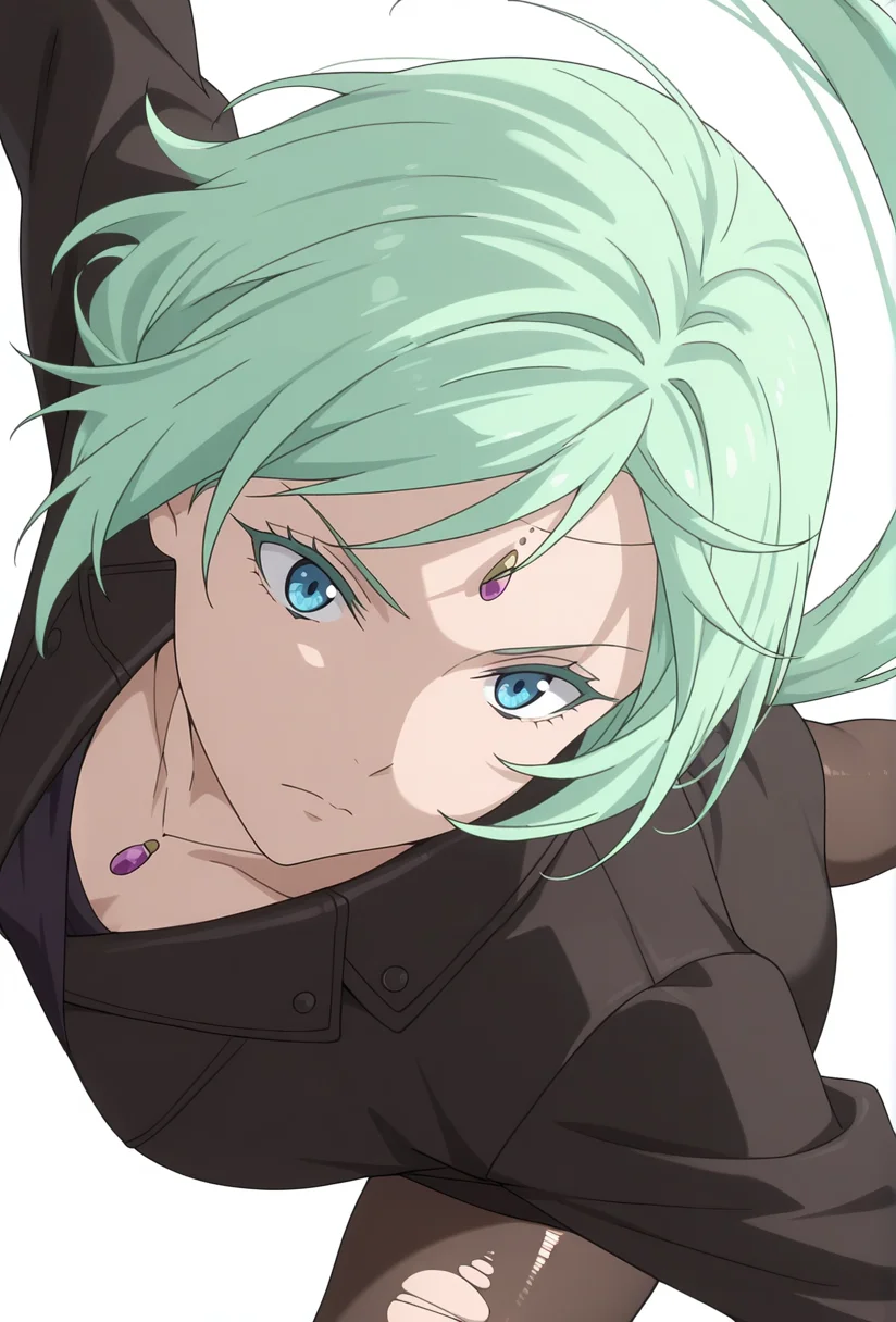 Smooth Quality,masterpiece,very intricate, high quality details, ultra realistic, high detailed skin,detailed enviorement,absurdres,
simple background, white background,solo,
sideways,dancing, 
guilt,
  <lora:Mjurran_cnn:0.8> mjurrancnn,1girl, short hair, green hair, blue eyes, frown,necklace, forehead jewel,low ponytail + long hair,
bolero jacket,  ,smoking jacket,  ,torn pantyhose,