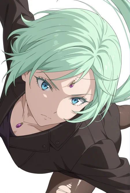 Smooth Quality,masterpiece,very intricate, high quality details, ultra realistic, high detailed skin,detailed enviorement,absurdres,
simple background, white background,solo,
sideways,dancing,
guilt,
<lora:Mjurran_cnn:0.8> mjurrancnn,1girl, short hair, green hair, blue eyes, frown,necklace, forehead jewel,low ponytail + long hair,
bolero jacket, ,smoking jacket, ,torn pantyhose,
