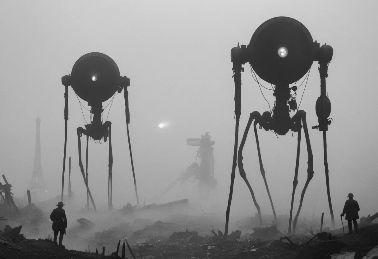 monochrome, black and white photo, old photo,blurry, low quality, old photo defects, world war 1, steam punk technology, automatons, battlefield, destroyed city,rubble, collapsed buildings, fires, artillery, Thick fog, strange shaped robots moving in the distance,massive machines in far distance,massive robots with 3 long legs , bodies,no arms, antenna, wires, consistent design,three lights ,cylindrical object protruding from the body with 3 lights on its front, looking at viewer, scary, only silhouettes, damaged robots, trench warfare, no mans land, small humans, large robots, art style of simon stalenhag