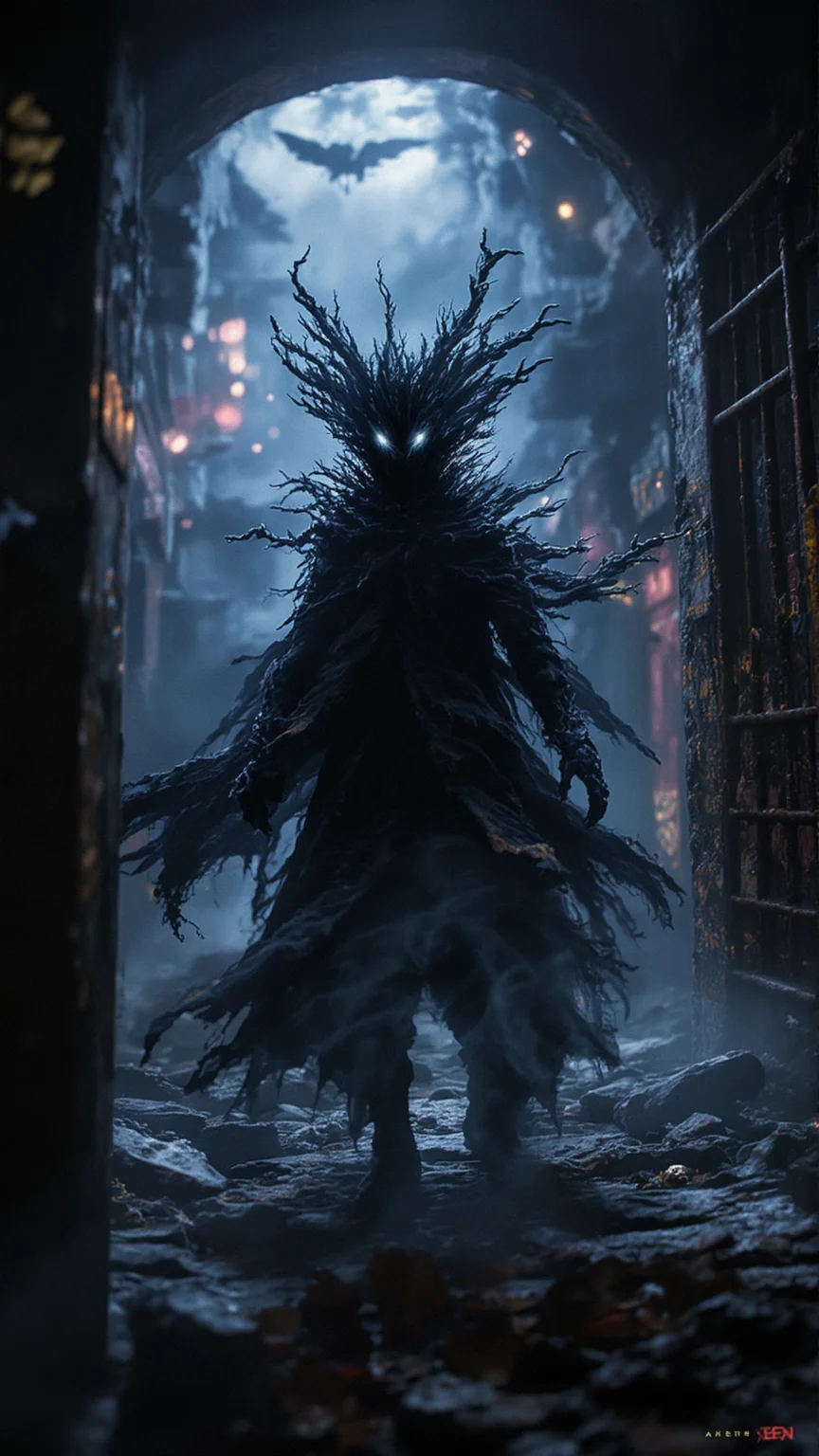 In a dimly lit alleyway of Metropolis, where neon lights cast an eerie glow, a figure emerges from the shadows. The subject's face is shrouded by a hollow head, its features obscured by darkness. Yet, despite the ominous appearance, their gaze seems to pierce through the veil of obscurity, radiating a deep longing for freedom.  As they step out of the alley, whirling clouds of darkness swirl above, threatening to consume the city. But the subject remains steadfast, gazing forward with an unwavering determination. Natural light seeps through the cracks of the, <lora:Flux_Turbo_Alpha.safetensors:1.0> <lora:é»è²å¹»æ³_1.0.safetensors:1.0> anhei black fantasy <lora:aidmaFLUXpro1.1-FLUX-V0.2.safetensors:0.7> aidmafluxpro1.1