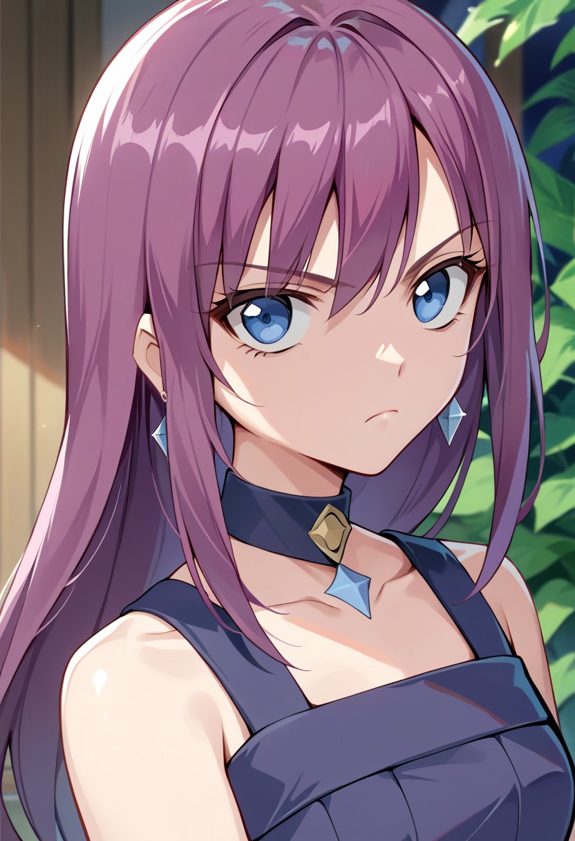score_9, score_8_up, score_7_up, source_anime, JENNY (BAKUGAN), 1girl, solo, long hair, looking at viewer, bangs, blue eyes, bare shoulders, jewelry, closed mouth, collarbone, upper body, purple hair, earrings, choker, collar, frown, expressionless, gem, serious