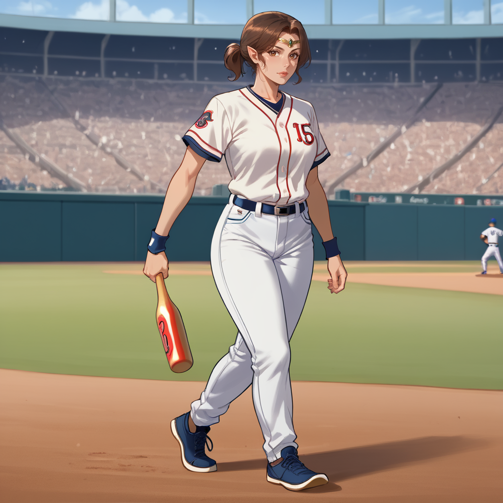 score_9, score_8_up, score_7_up, rating_safe,
brown hair, short ponytail, circlet, , playing baseball, baseball stadium,
elf, mature woman, looking at viewer,
<lora:HEPRINCESS:0.8>