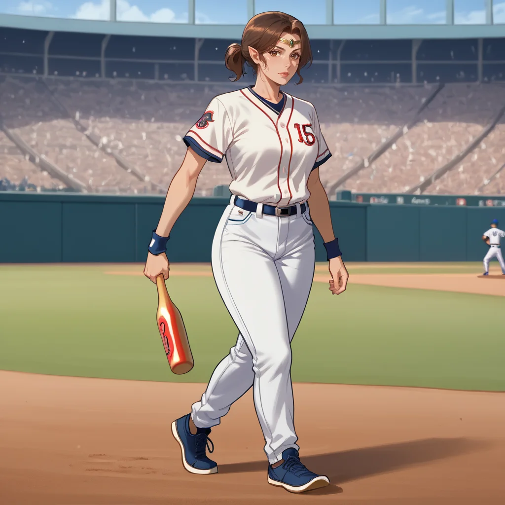 score_9, score_8_up, score_7_up, rating_safe,
brown hair, short ponytail, circlet, , playing baseball, baseball stadium,
elf, mature woman, looking at viewer,
<lora:HEPRINCESS:0.8>