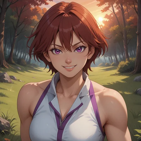 score_9, score_8, BREAK, solo, Fujieda Yoshino, red hair, short hair, purple eyes, anime screencap, Digimon savers, sexy pose, self portrait, smile, looking at viewer, outdoors, sunlight, shadows, evening lighting, natural lighting, forest, trees, grass, orange sky, sunset