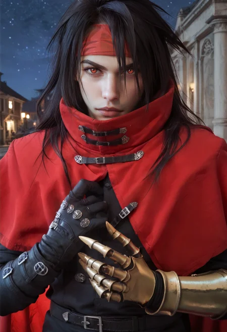 1man, upper body shot, Vincent Valentine, black hair, red eyes, long hair, pale skin, cloak belts, red headband, red cloak, looking at viewer, black pants, black shirt, golden single gauntlet, black single glove, pale skin, long hair, night time, deep night, <lora:VincentValentinePonyV4:1>, score_9, score_8_up, score_7_up,