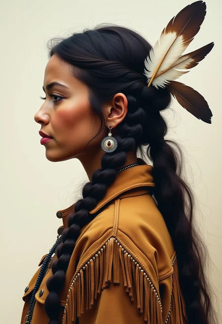 poster art, photorealistic ink art image, portrait of young native American woman, one eagle feather in her hair, buckskin jacket, serene, masterpiece