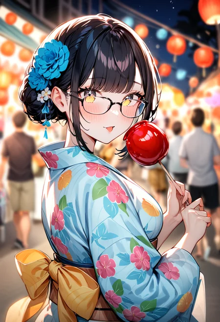masterpiece, best quality, very aesthetic, absurdres,
ringoame, 1girl, glasses, food, black hair, yukata, floral print, candy apple, hair ornament, looking at viewer, hair flower, holding food, upper body, holding, outdoors, bangs, blurry background, night, summer, paper fan, uchiwa, paper lantern, 
 <lora:ringoame_SDXL_V1:1>