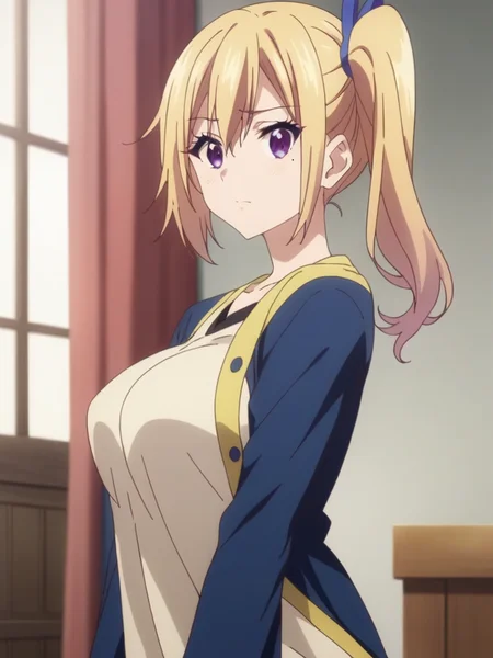 score_9, score_8_up, score_7_up, source_anime,masterpiece,best quality,highres,absurdres,official art,official style,source_anime,anime screencap,anime coloring,megami magazine,anime,animated,explicit,
portlait,
 <lora:kawakami_mai:1> kawakami mai, blonde hair,purple eye,mole under eye,side ponytail,large breasts,