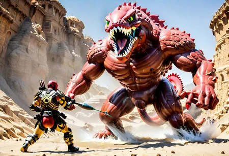 Warrior with a large needle fighting bosstyle inflatable hydra.