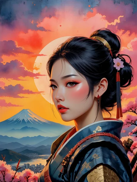 A fantasy style painting of Japanese woman warrior, dystopian. Textured art. Painted on rice paper.
Soft dreamy watercolor. Sunset over Mount Fuji.
<lora:PopArt01a_CE_XL_300-OT:0.6> popartCE_style