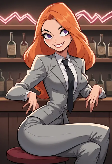 score_9, score_8_up, score_7_up,score_6_up BREAK ict style,1girl, solo,cowboy shot, purple eyes, no pupils, long hair,grey suit,grey jacket, white collared shirt,grey pants, black necktie,medium breasts,indoors,bar,neon sign,shelf,bottle, smile,sitting, contrapposto,orange hair,     <lora:ShaneGlinesPony:1>