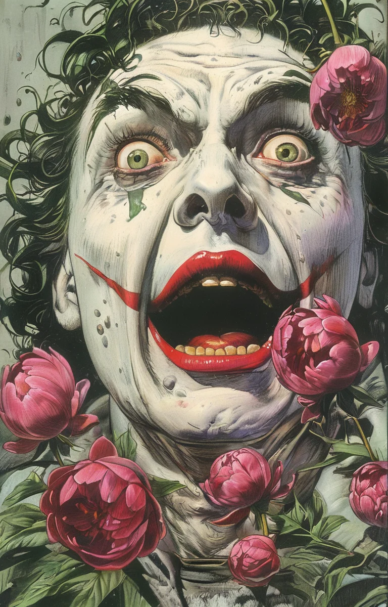 masterpiece,best quality,<lora:tbh232-sdxl:0.9>,illustration,style of Brian Bolland, decaying peonies
