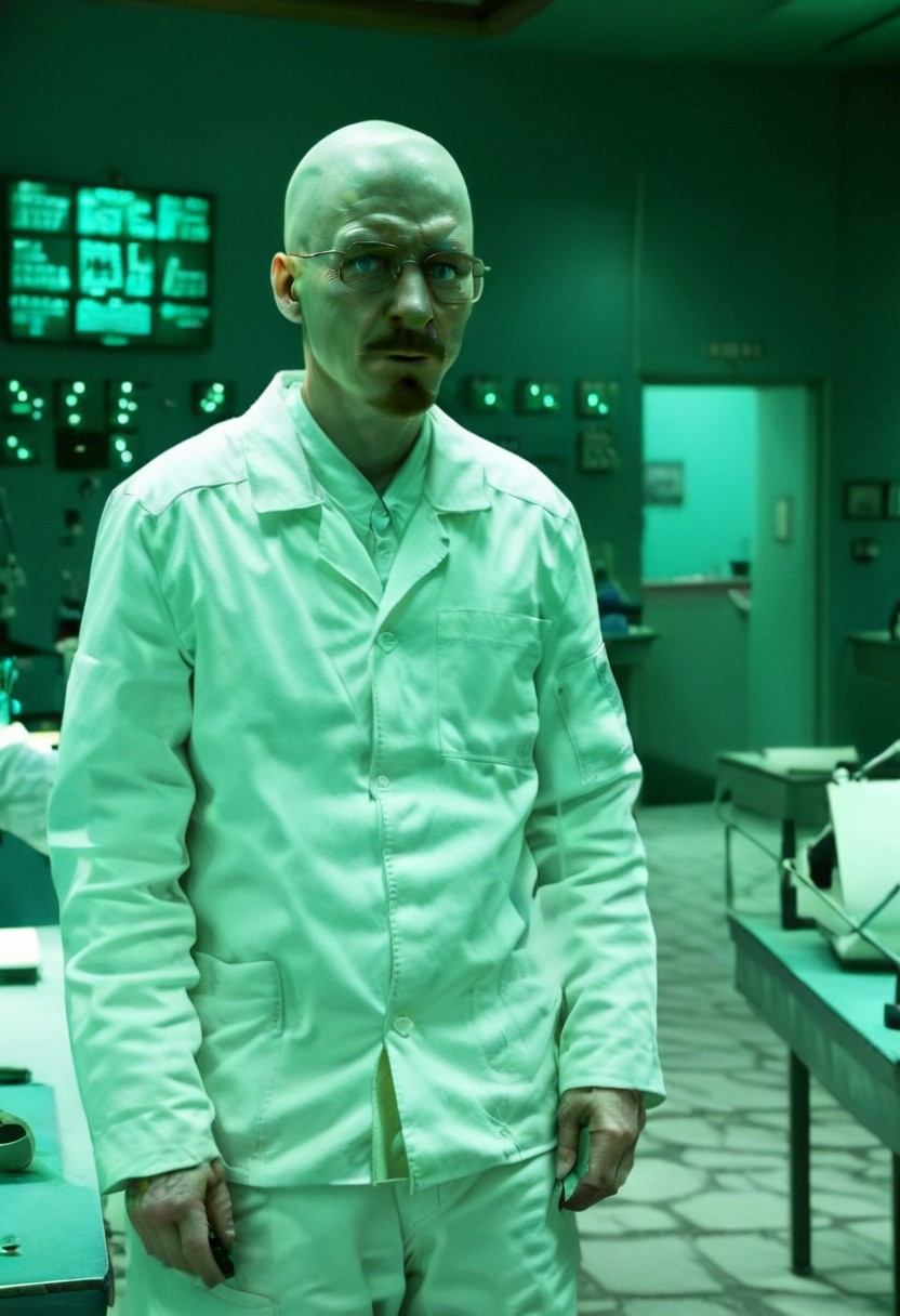 cinematic film still, saturated colors,  negative space, 
establishing standing shot, looking at viewer, 
1boy 
in a white uniform
face of walter white , (breaking bad style), wears glasses
closed mouth, eyes open, modest grin
backdrop is interior of advanced meth laboratory