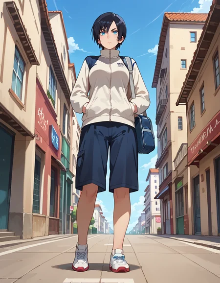 score_9, score_8_up, score_7_up, source_anime, anime screencap, anime coloring, masterpiece, best quality, uncensored, 1girl, solo, (full body:1.2), aonuma, tomboy, black hair, short hair, asymmetrical bangs, hair between eyes, blue eyes, sharp eyes, thin eyebrows, medium breasts, tall female, white track jacket, long sleeves, knee shorts, <lora:Aonuma_Eishuu Meikaroku_Pony:1>, looking ahead, from below, hand in pocket, school bag, shoulder bag, outdoors, cty, cool face, shiny body, shiny skin, (skindentation:1.2), clear skin, shiny hair, ultra detailed eyes, depth of field, sharp, (intricate details, hyperdetailed:1.15)