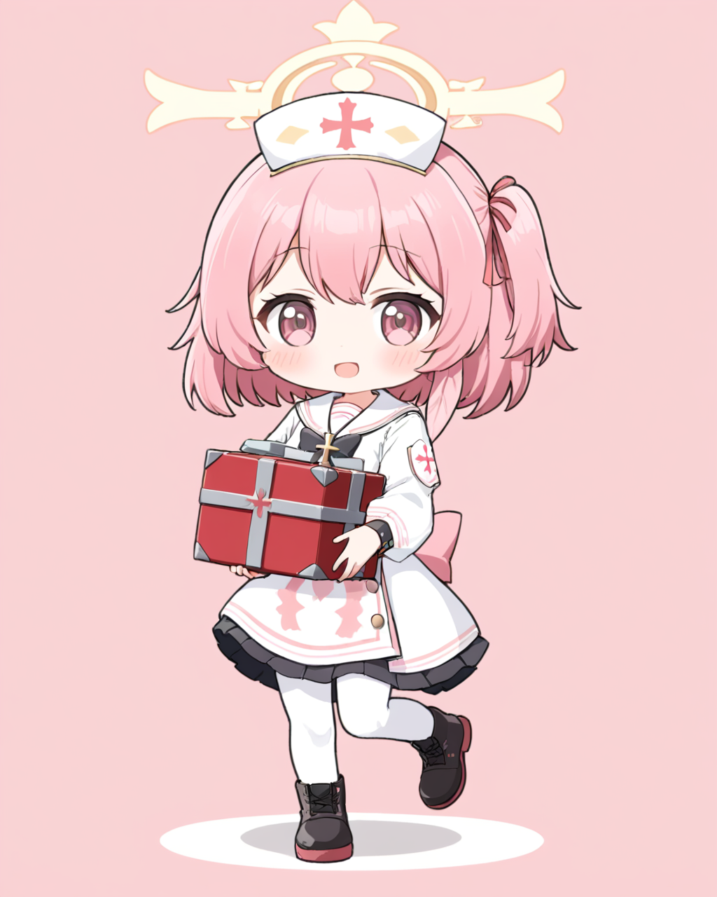 serina \(blue archive\),1girl, solo, nurse_cap, halo, holding_box, full_body, white_sailor_collar, looking_at_viewer, boots, open_mouth, simple_background, black_footwear, armband, white_pantyhose, long_sleeves, :d, one_side_up, pink_background, feathers, red_ribbon, side_ponytail, dress, black_bowtie, blush, white_headwear, chibi, black_skirt, standing, hair_ribbon, nurse, white_background
<lora:serina_(blue_archive)_image162_batch3_v1:1>,halo,. gorgeous,key visual, vibrant, studio anime,award-winning, professional, highly detailed,high budget, cinemascope