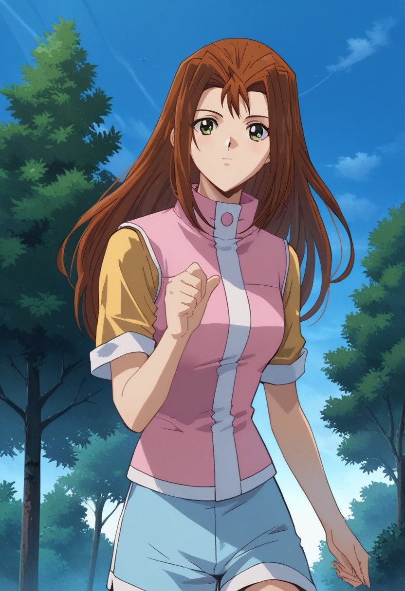 score_9, score_8_up, score_7_up
YGOSerenityWheeler, 1girl, long hair, brown hair, hair intakes, green eyes, brown eyes, yellow shirt, short sleeves, pink vest, blue shorts, white socks, blue foorwear, sneakers, solo, standing, upper body, outdoors, Dynamic pose, trees, sky, cowboy shot, looking at viewer